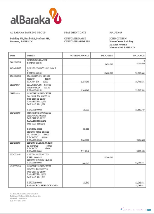 Download Bahrain Al Baraka bank statement word